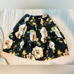 Black Floral Print Skater Skirt
